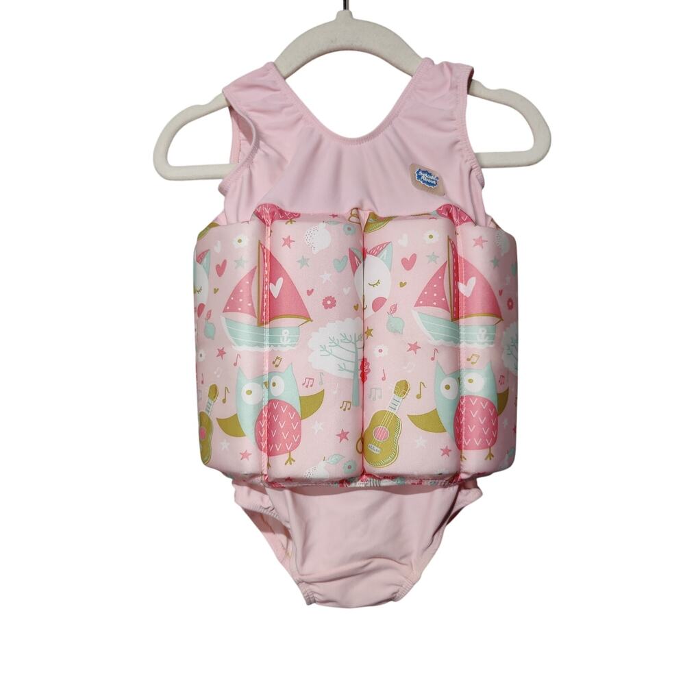 Kids Pink One-Piece Swim Float Suit with Owl & Sailboat Print